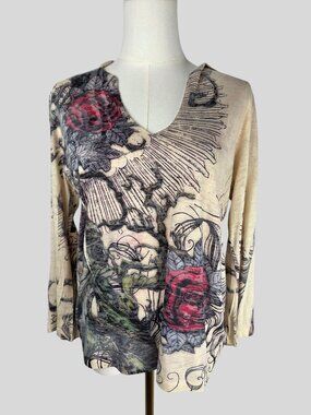 Mushka Y2K Tattoo Graphic Long Sleeve Top Hoodie Sz L Grunge Fairycore Roses